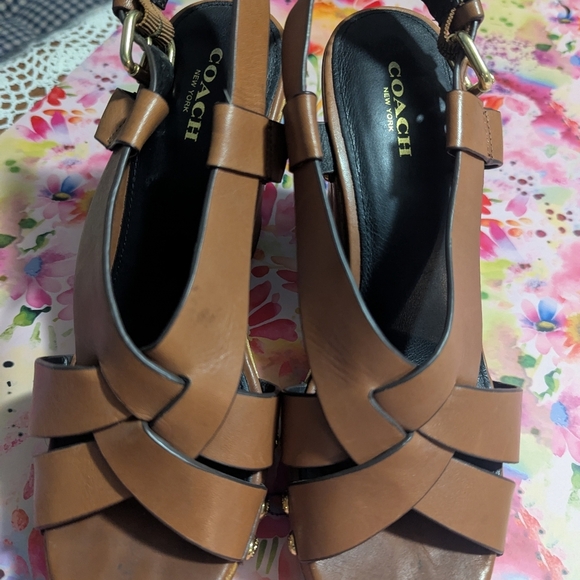 Coach Brown and Gold Heels with Chunky Block Design - Picture 3 of 11